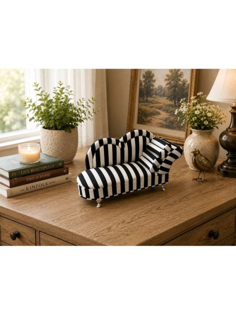 New Black & White Stripped Doll Chaise Jewelry Box Organizer Couch Jewelry Box